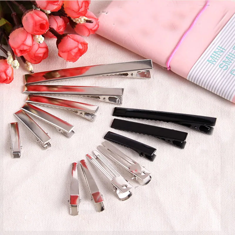 Lot 3 2- Silver-color Black Hair Clips Flat Barrettes Iron Hairpins