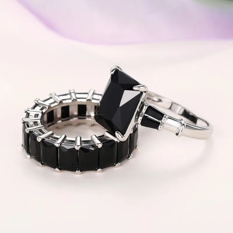 Huitan CZ Bridal Ring Set – White & Black Square Cubic Zirconia