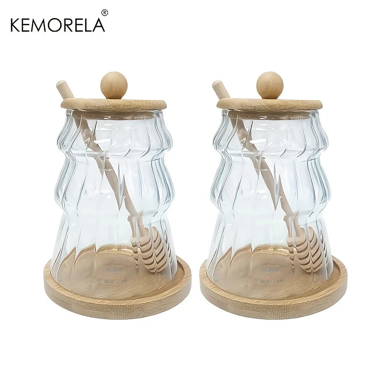 KEMORELA Glass Honey Jar Set with Wooden Stir Stick & Lid