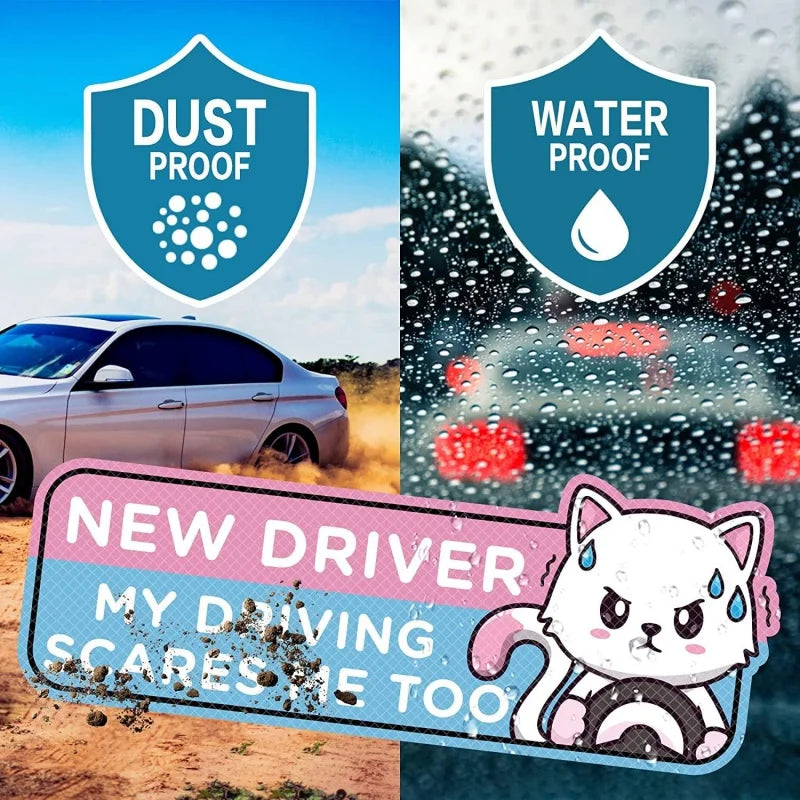 4-Pack Cartoon Cat New Driver Car Magnets | Reflective Safety Signs