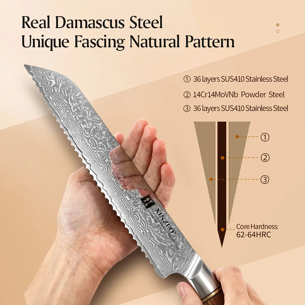 XINZUO 8-Pc Damascus Steel Knife Set – Olive Wood Handles