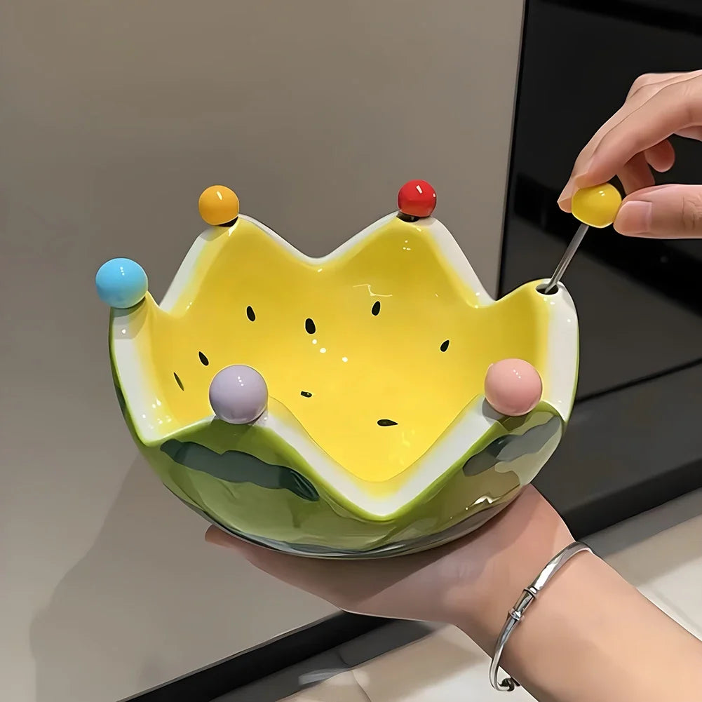 Watermelon Ceramic Fruit Bowl with Forks – Large Capacity