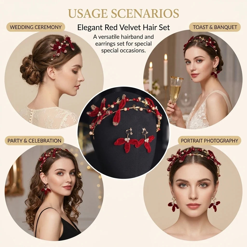 Red Velvet Bridal Headband & Earring Set | Chinese Wedding