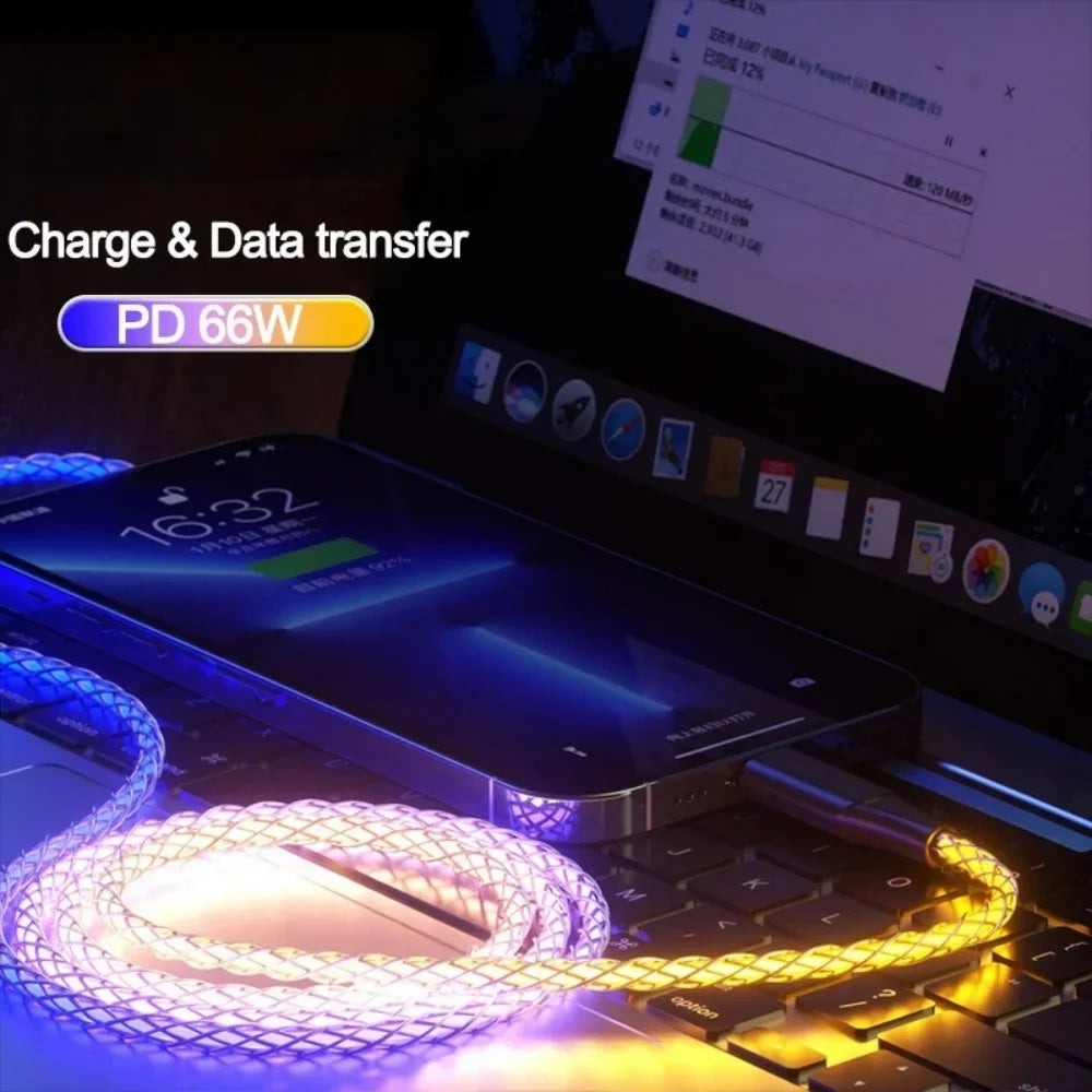 RGB 66W 6A USB-C Fast Charging Cable – Glowing Streamer Design