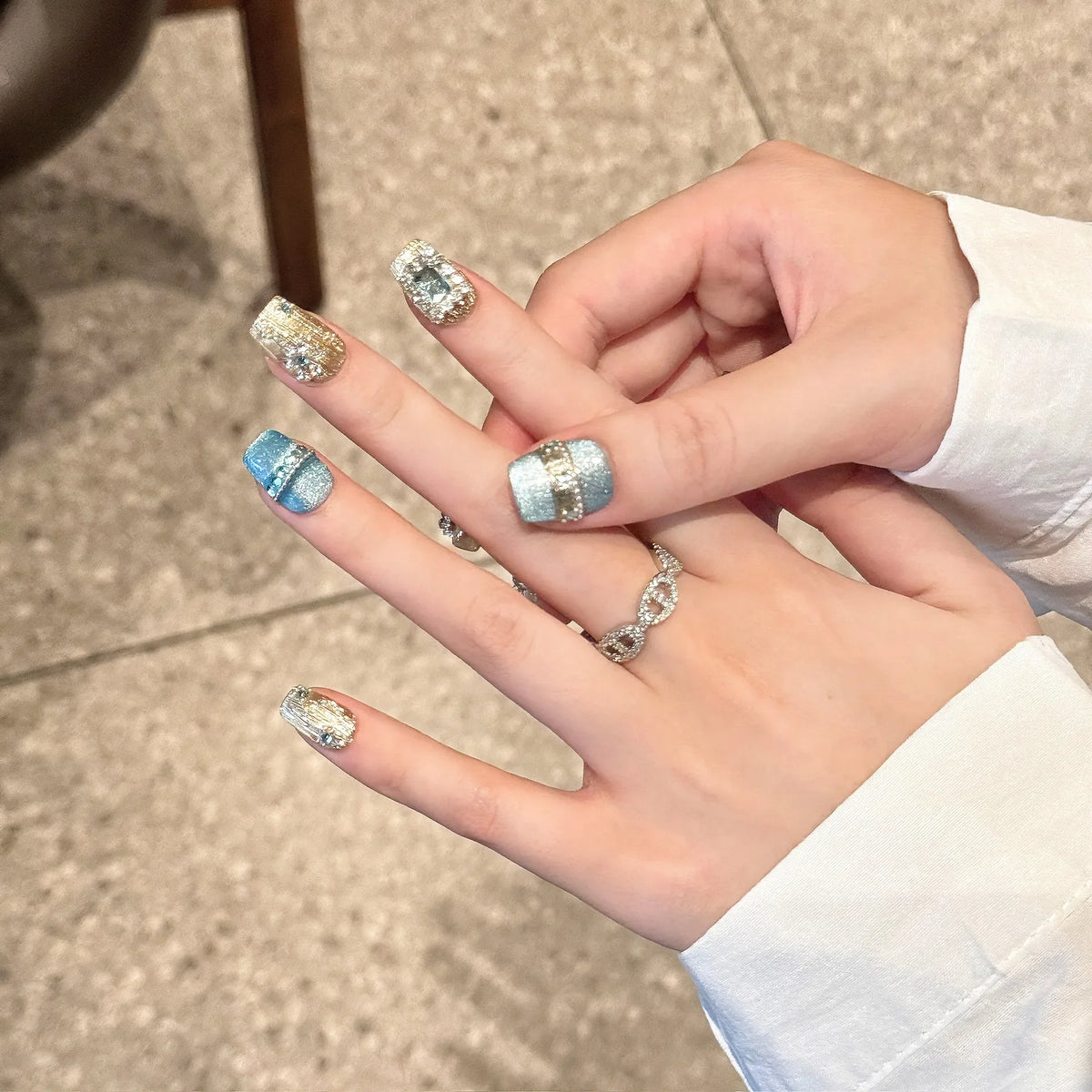Handmade Glitter Blue Cat Eye Press On Nails – Gold Crystal