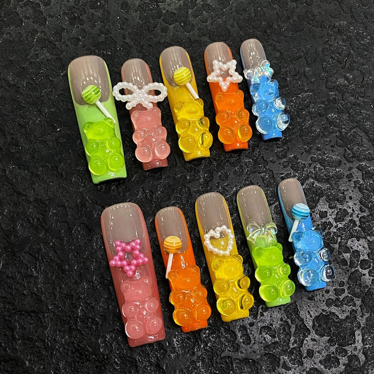 Handmade Press On Nails Candy Bear Bow | Extra Long False Nails