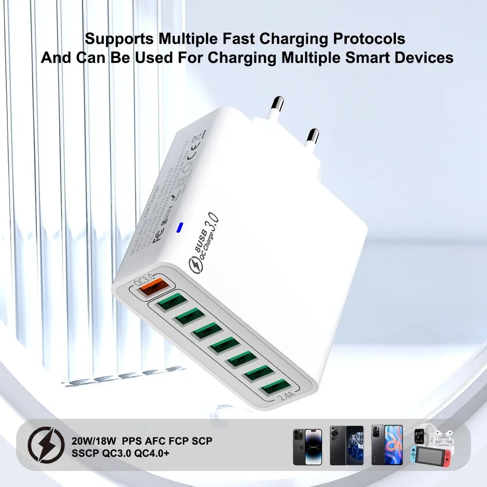 8-Port 65W USB Fast Charger | Quick Charge 3.0 Travel Adapter