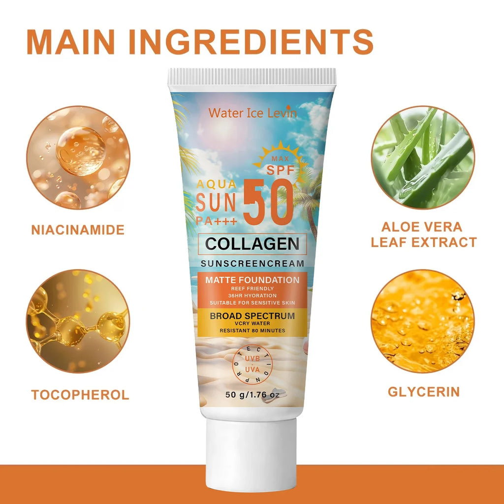 SPF50 PA+++ Collagen Sunscreen – 36HR Hydrating & Water Resistant