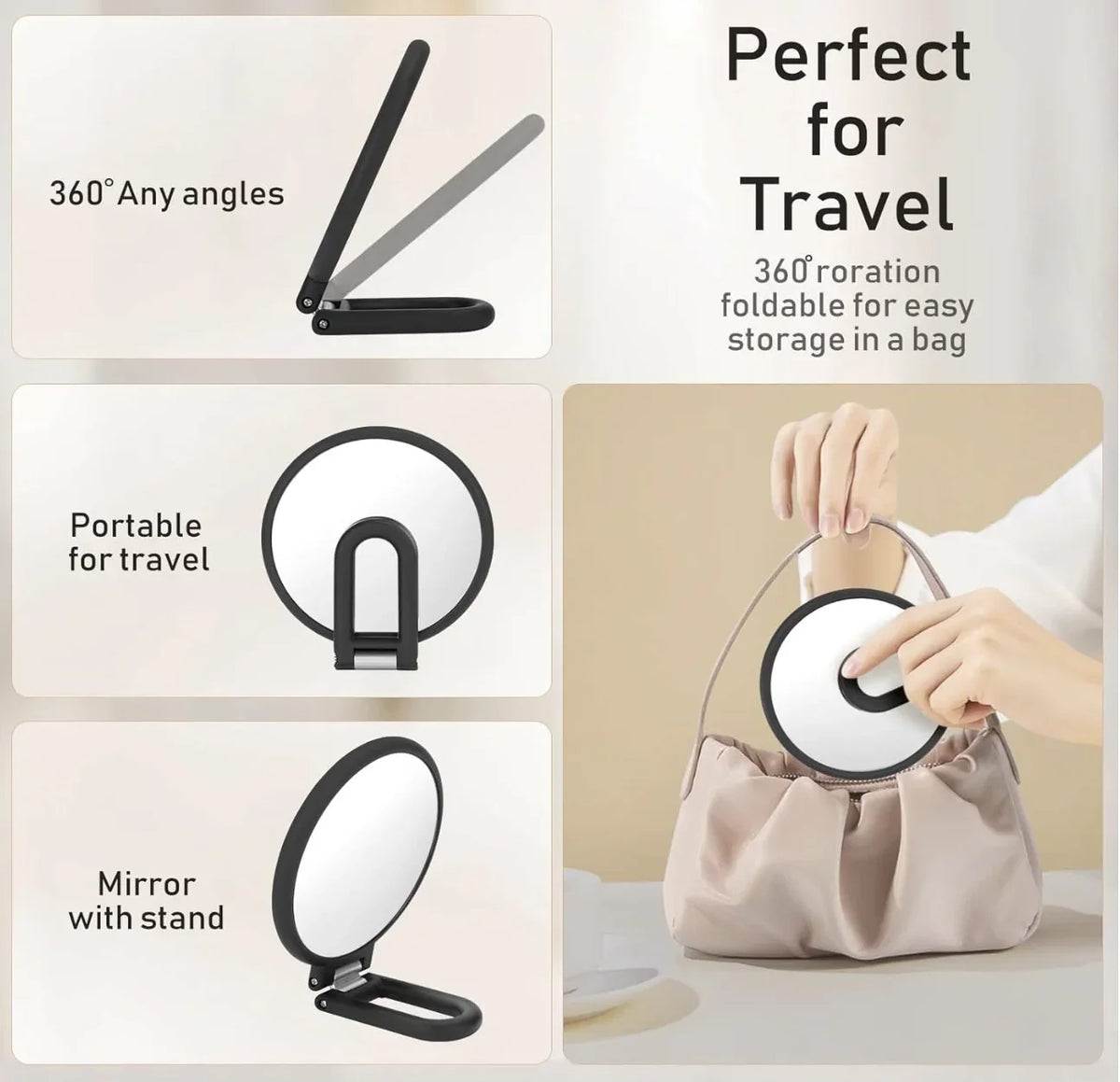Magnifying Handheld Mirror Double Sided 1X 15X Travel Folding