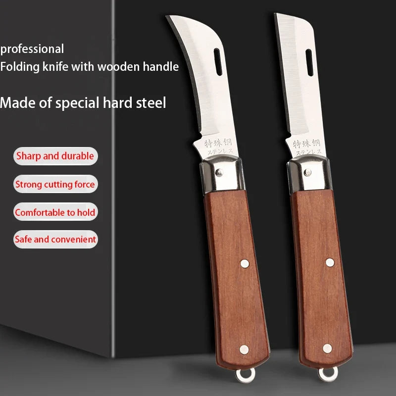 Stainless Steel Folding Knife – Wood Handle Outdoor Multi-Tool