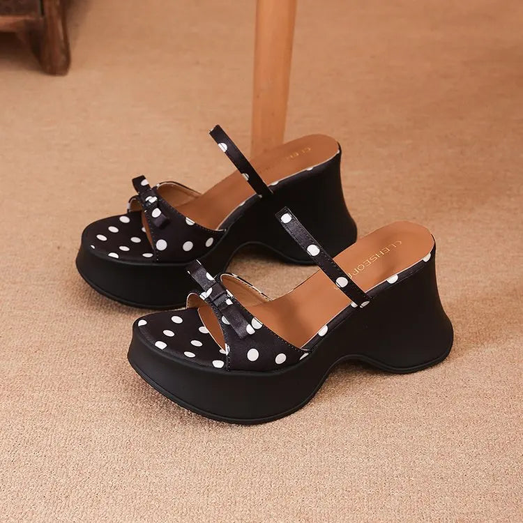 Women's Polka Dot Platform Heeled Slides – Open Toe Summer Shoes