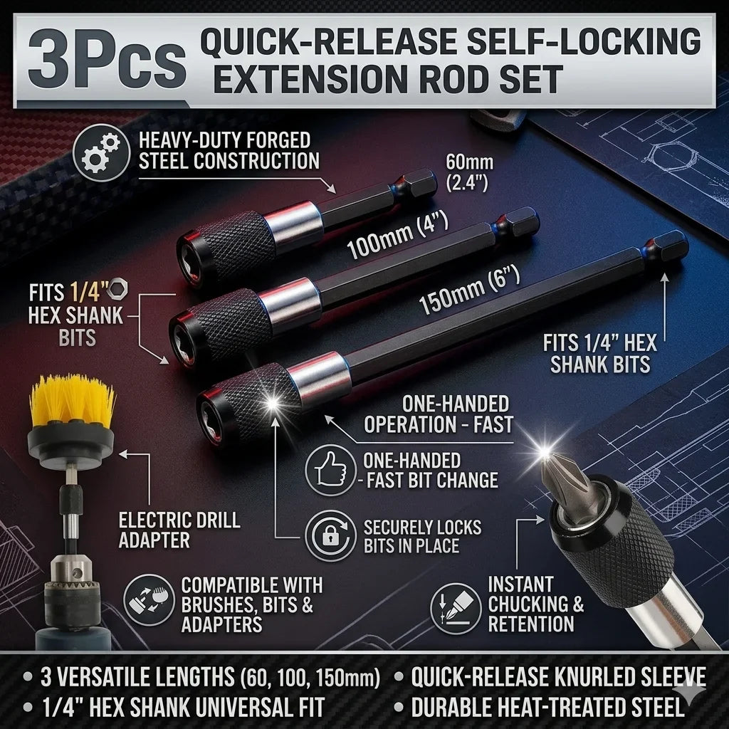3-Pc 1/4" Hex Quick-Release Magnetic Bit Extension Rod Set