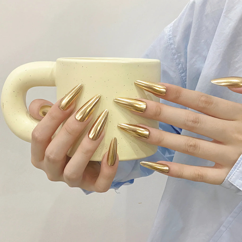 Champagne Gold Mirror Press-On Nails | Almond Reusable Set
