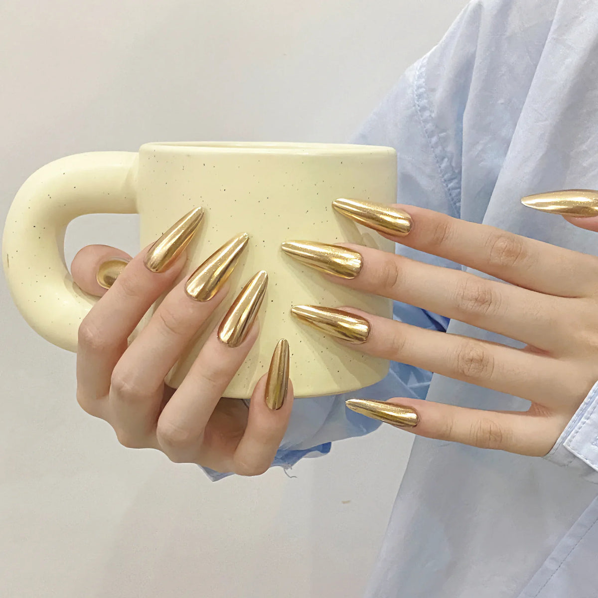 Champagne Gold Mirror Press-On Nails | Almond Reusable Set