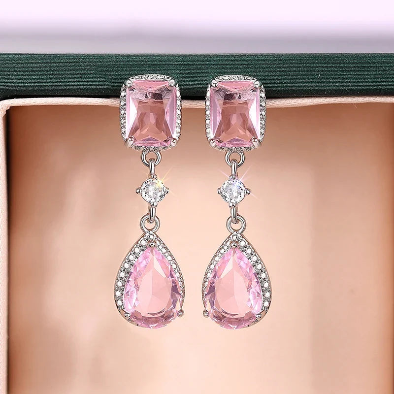 Huitan Pink & Yellow CZ Pear Drop Earrings | Dangle Jewelry