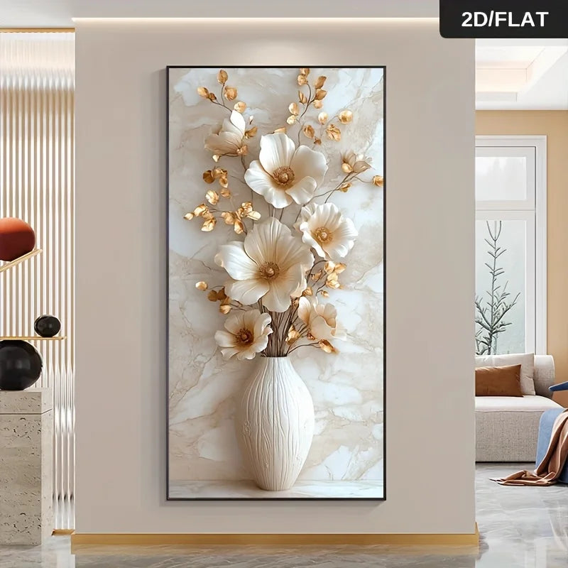Modern Floral Canvas Wall Art – Beige & Gold Vase Flowers Print