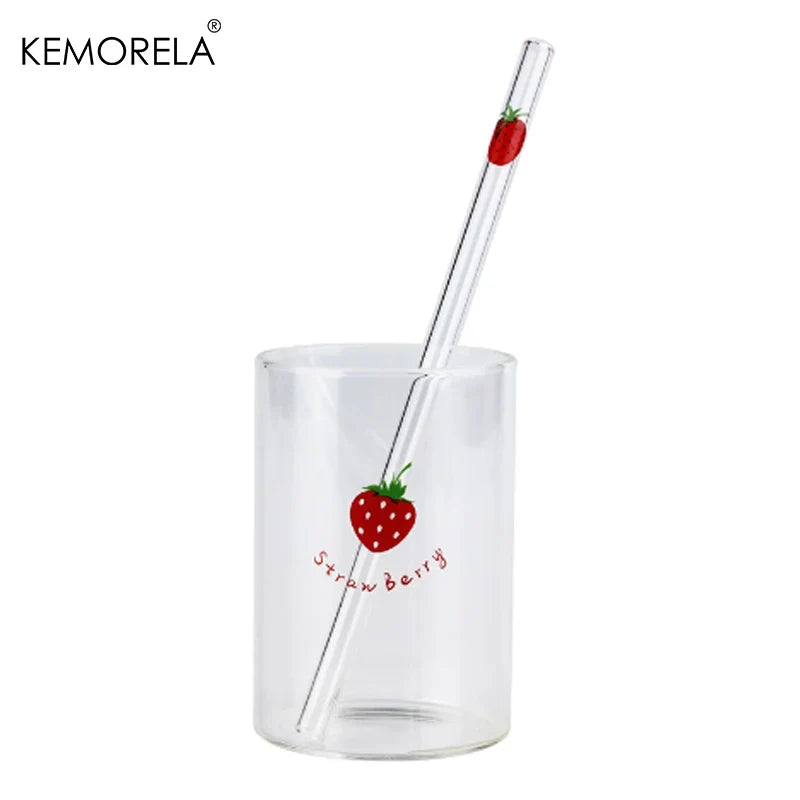 KEMORELA 300ml Cute Glass Cup – Strawberry Orange Design