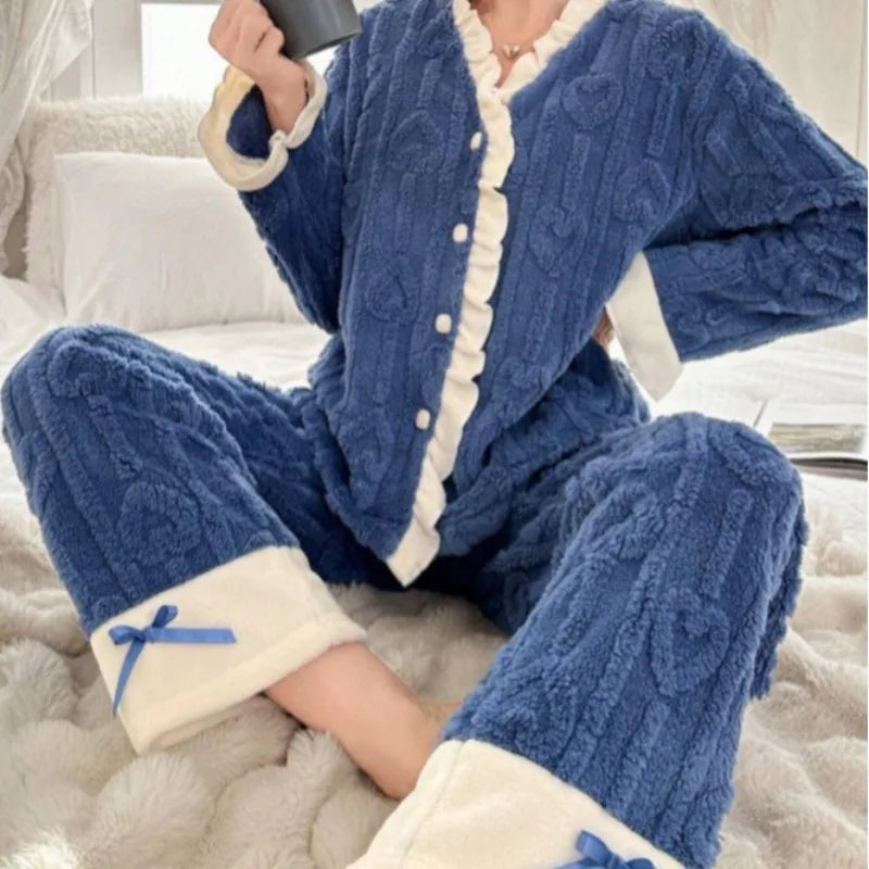 Women's Thickened Pajama Set – Soft Cardigan & Long Pants