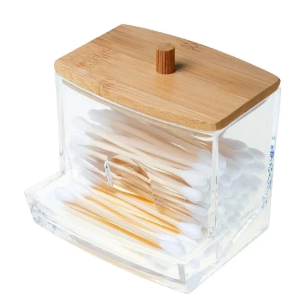 Cotton Swab Box Transparent Bamboo Cover Dustproof Toothpick Storage