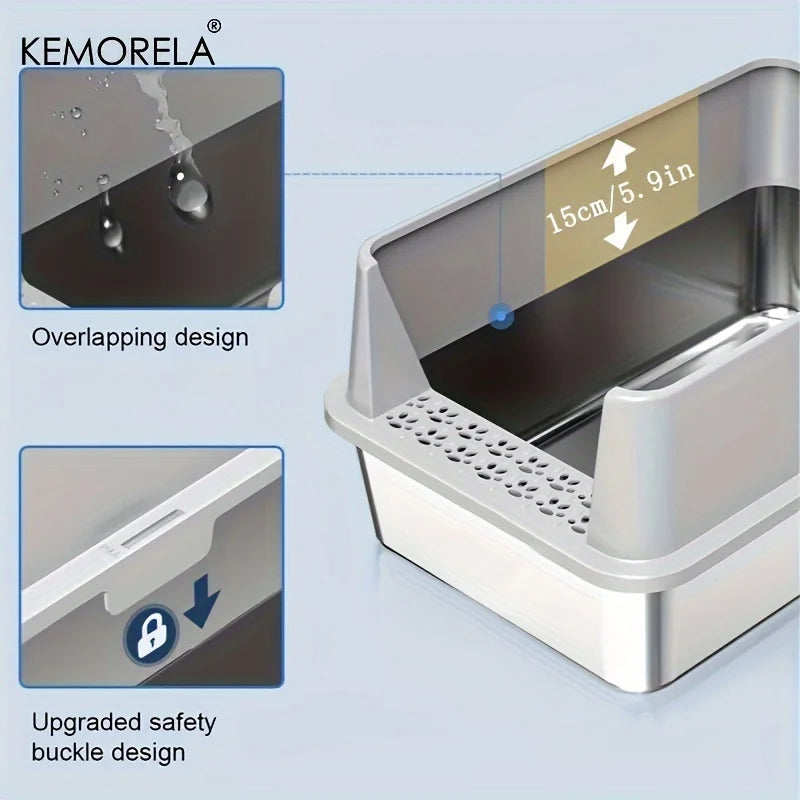 KEMORELA XL Stainless Steel Cat Litter Box with Lid & Scoop