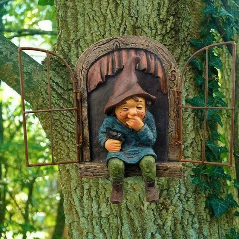 Funny Gnome Elf Peeking Door Statue | Outdoor Garden Figurine
