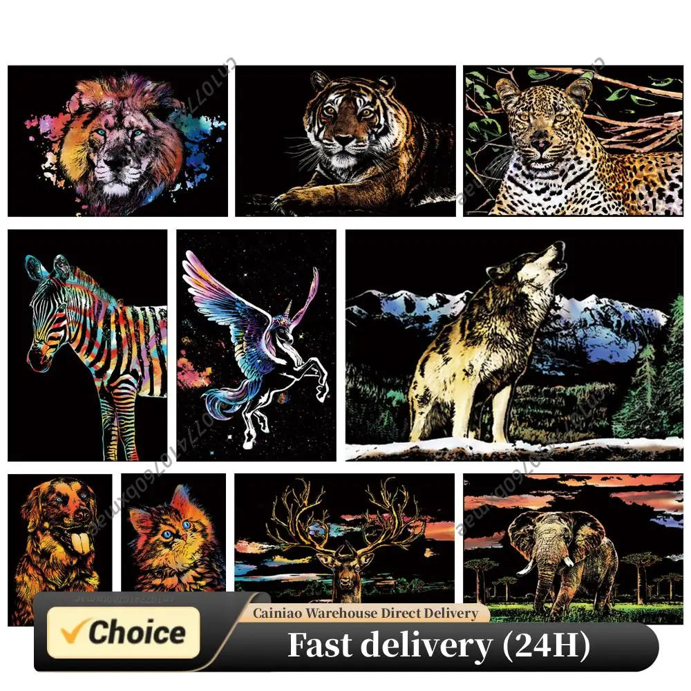 Animals Scratchboard Art 15 94x11 3 Tools Rainbow Scratch Paper Foil