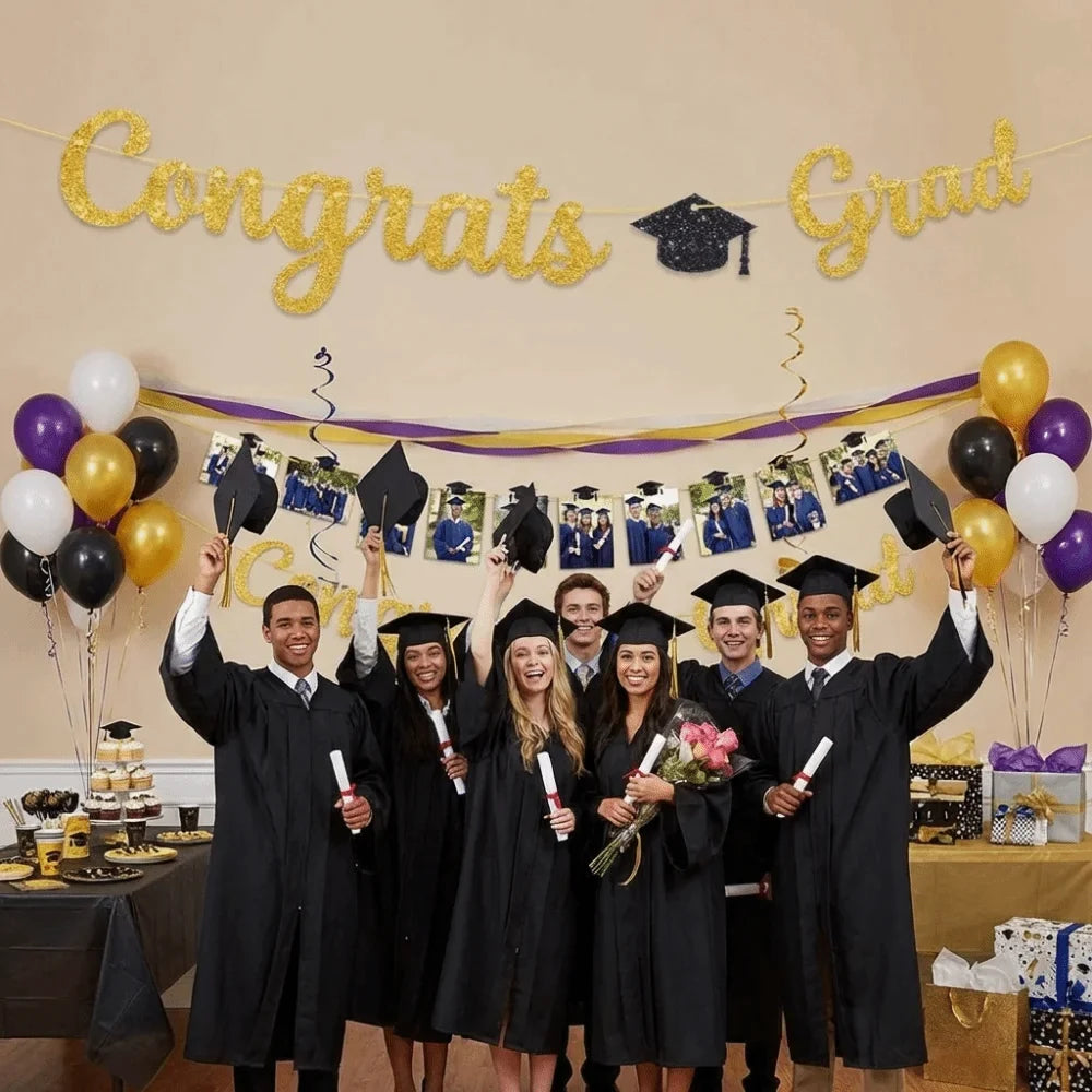Gold Glitter Graduation Party Banner Garland – Reusable Decor