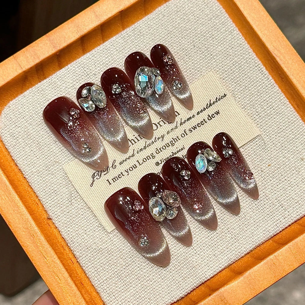 Handmade Press Nails Autumn Winter Sparkling French Cat Eye Fake