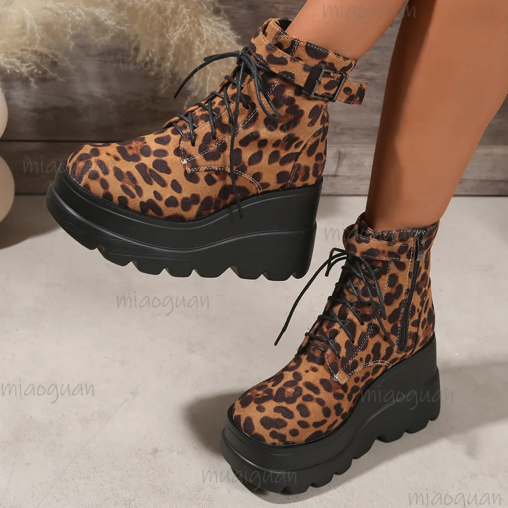 Women's Leopard Print Goth Ankle Boots | Chunky Wedge Heel