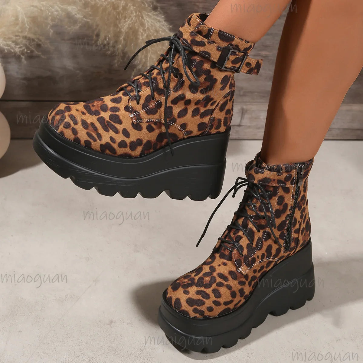 Women's Leopard Print Goth Ankle Boots | Chunky Wedge Heel