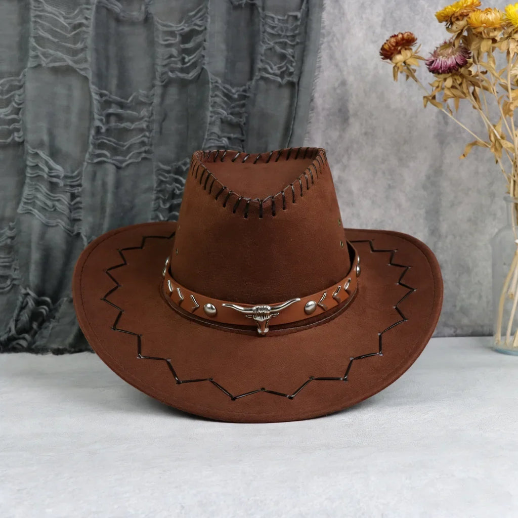 Vintage Brown Faux Suede Western Cowboy Hat Bull Skull Arrow Stitch