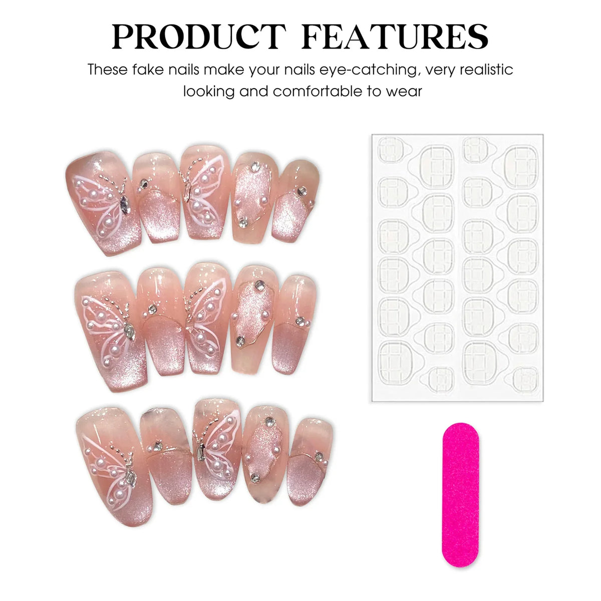 YADORNOS Pink Cat Eye Pearl Press On Nails | Korean Style