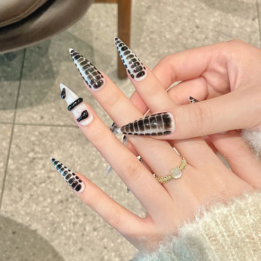 Black Snake Press-On Nails | Long Almond Y2K Punk False Nails