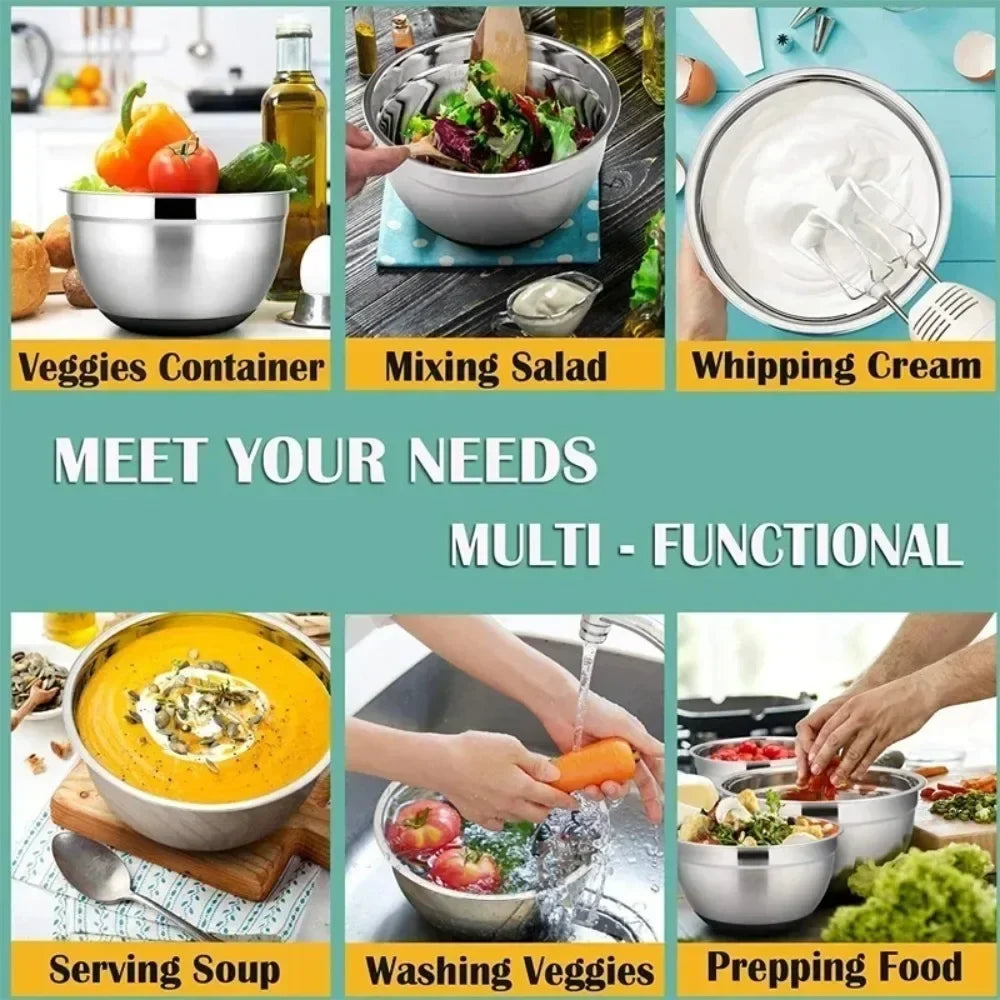 Stainless Steel Mixing Bowls with Lid & Non-Slip Silicone Base