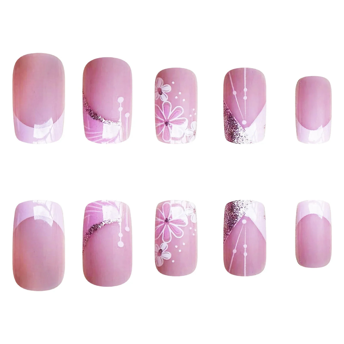 24pcs French Pink Flower Short Coffin Press On Nails | Nude Pink