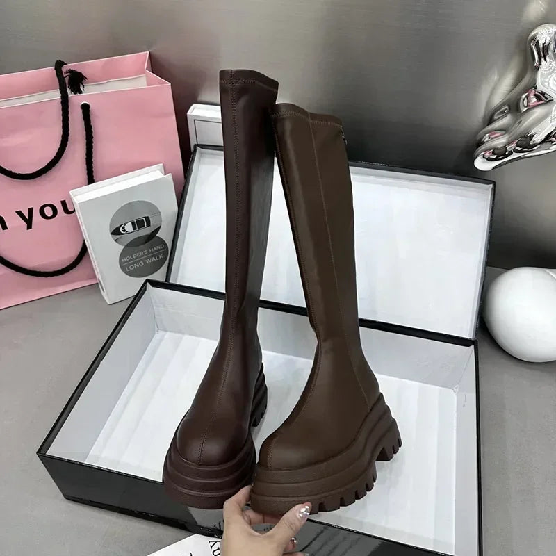 Women's Winter Knee-High Platform Boots – Back Zip Plush Lined