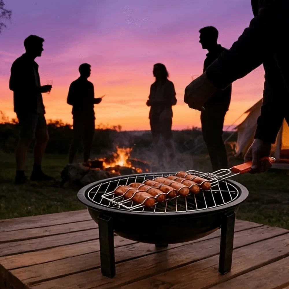 Non-Stick Hot Dog Grill Basket with Wooden Handle | BBQ Rack