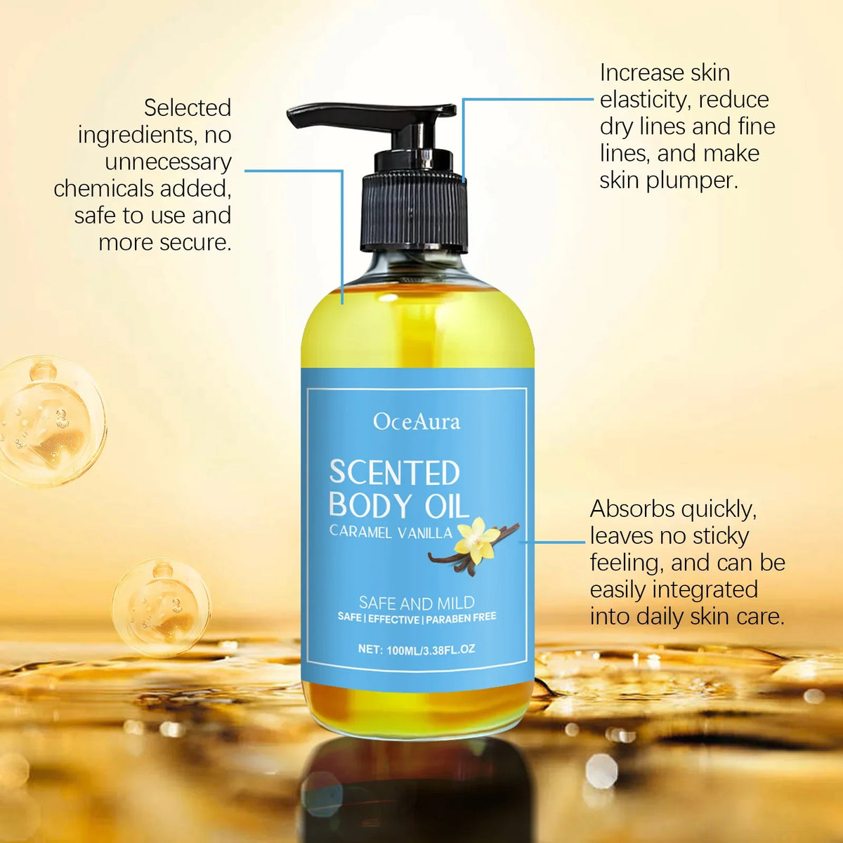 OceAura Vanilla Body Massage Oil – Moisturize & Stress Relief