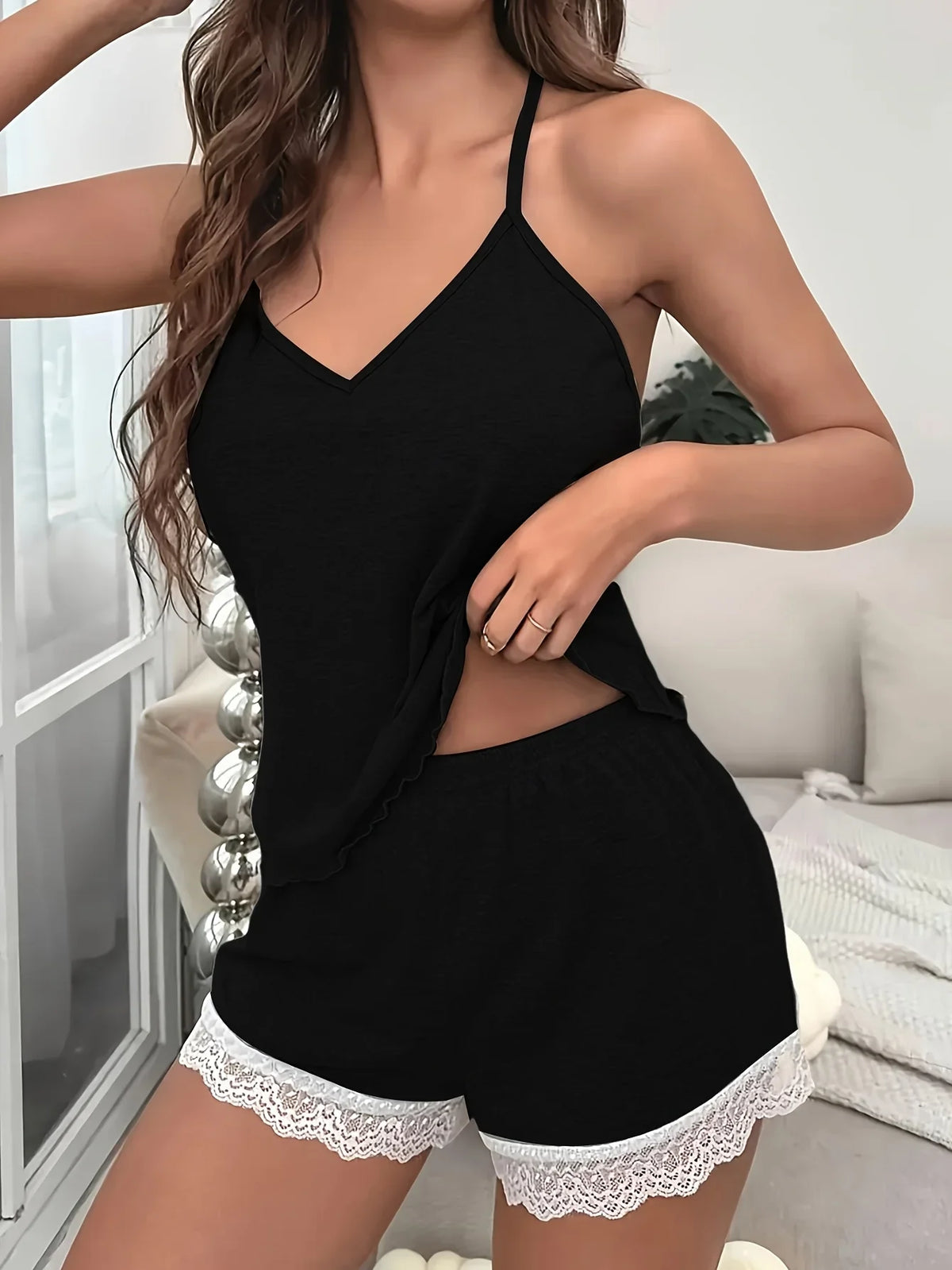Women's Lace Trim Pajama Set – Sleeveless Summer Sleepwear
