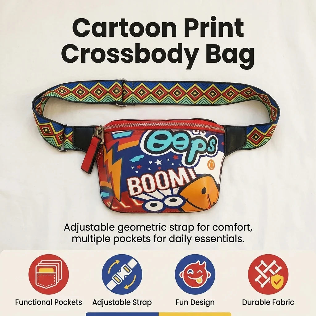 Korean Cartoon Crossbody Bag | Adjustable Strap, Multi-Pocket