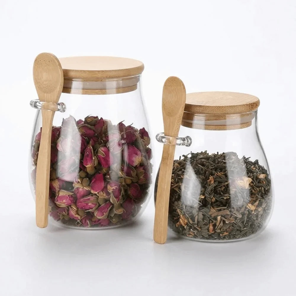 Airtight Glass Storage Jars with Bamboo Lid & Wooden Spoon