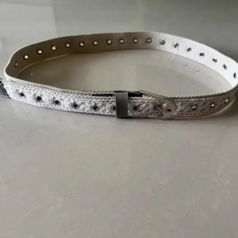 Vintage Lace Canvas Belt for Women – Metal Buckle 110cm