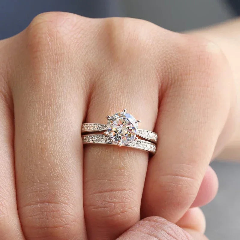 Huitan 6-Claw Cubic Zirconia Wedding Ring Set for Women 2 Pcs