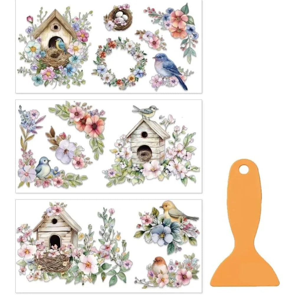 Bird Flower Rub-On Transfers for Furniture & Crafts – 3-Sheet Set