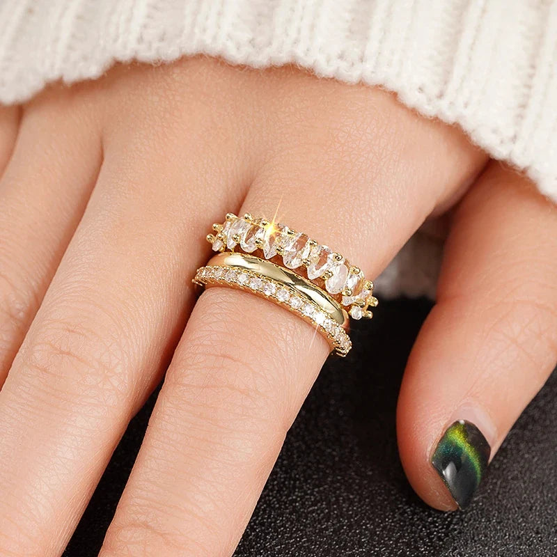 Huitan 3-Piece Women's Bridal Ring Set – CZ Silver & Gold