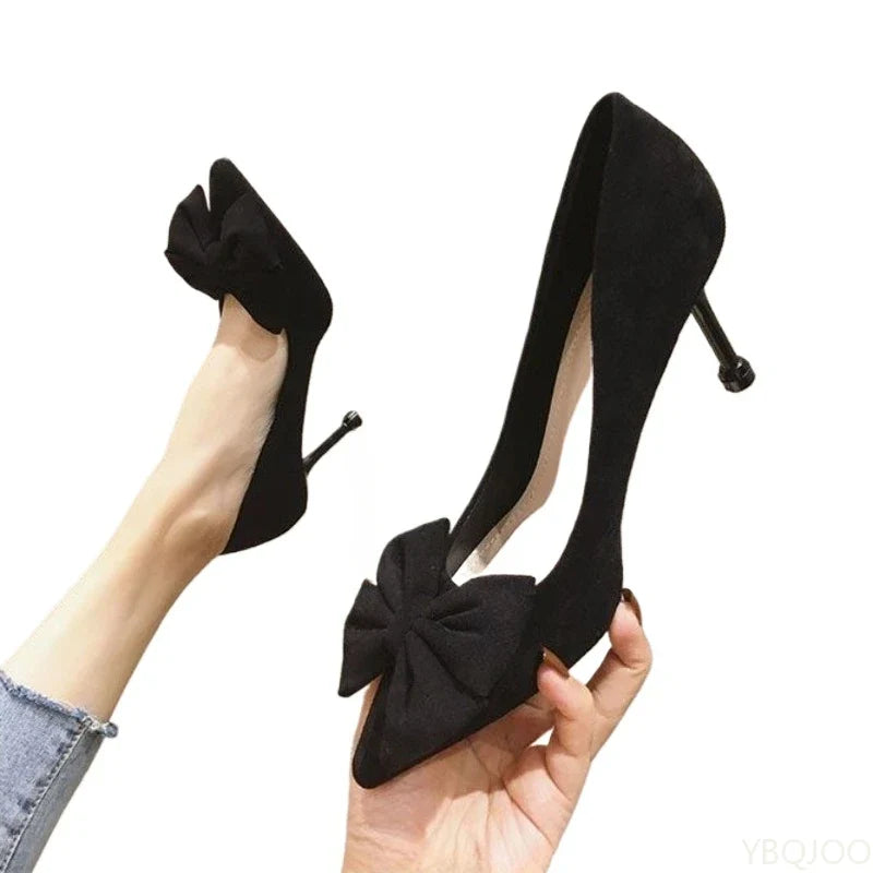Women's Bow Tie Velvet High Heel Pumps – Pointed Toe Slip-On