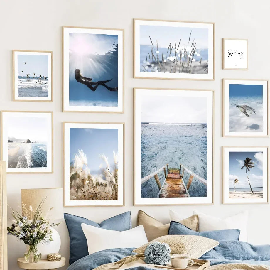 Beach Canvas Wall Art – Waves, Sea Turtles & Coconut Trees