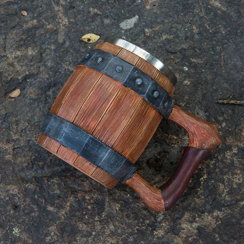 Viking Wood Barrel Beer Mug 600ml – Double Wall Stainless Steel