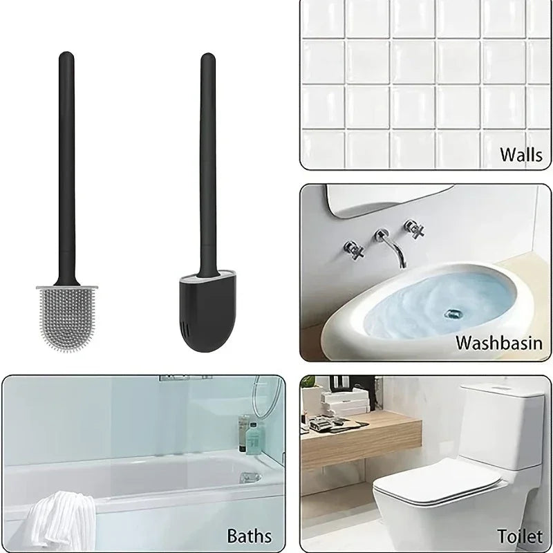 Silicone Toilet Brush & Wall-Mount Holder Set | Flexible Flat Head