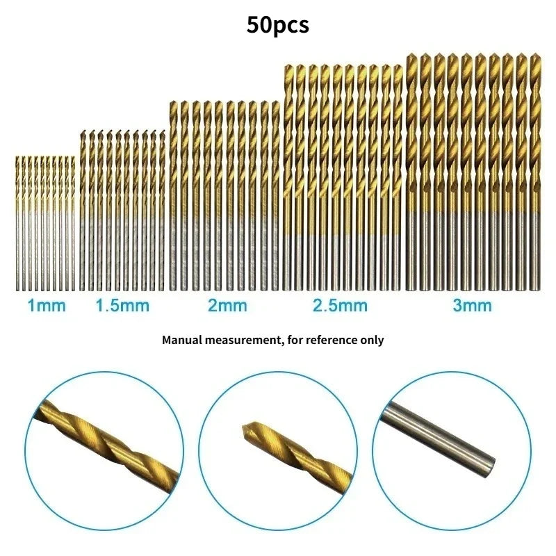 50-Piece Titanium Twist Drill Bit Set 1–3mm | Mini HSS Bits